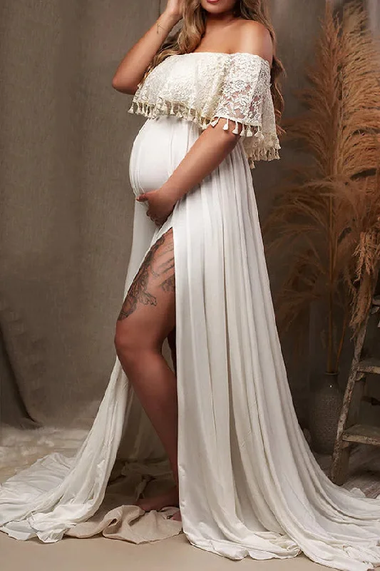 White Off-the-shoulder High Slit Maternity Photoshoot Gown