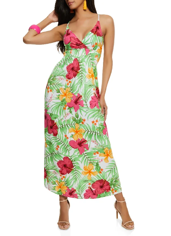 Maxi dresses with mesh panels for a sexy and trendy appearanceTropical Print Smocked Waist Sundress Maxi dresses with mesh panels for a sexy and trendy appearanceTropical Print Smocked Waist Sundress