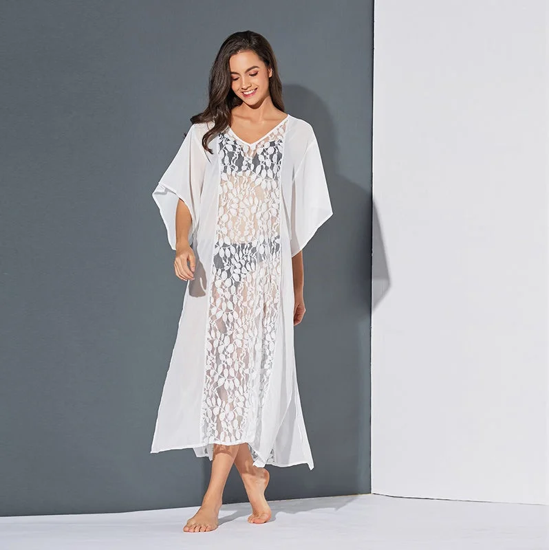 Maxi dresses with a V - neckline for a flattering and elongating shapeKittenAlarm - Women Lace Sheer Hollow Short Sleeve Side slit Long Maxi Sun Dress Maxi dresses with a V - neckline for a flattering and elongating shapeKittenAlarm - Women Lace Sheer Hollow Short Sleeve Side slit Long Maxi Sun Dress