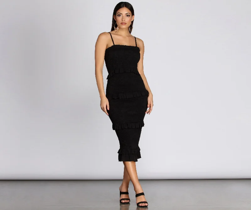 Midi dresses with tiered skirts for a bohemian festival lookA Midi Moment Smocked Dress Midi dresses with tiered skirts for a bohemian festival lookA Midi Moment Smocked Dress