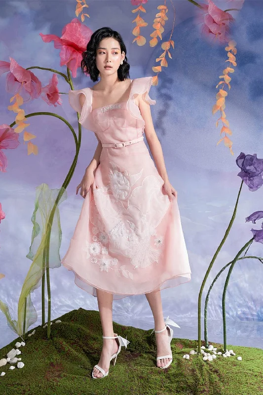 Midi dresses with ruffled bodices for a more pronounced feminine lookAdele Fit and Flare Bustier Organza Midi Dress Midi dresses with ruffled bodices for a more pronounced feminine lookAdele Fit and Flare Bustier Organza Midi Dress