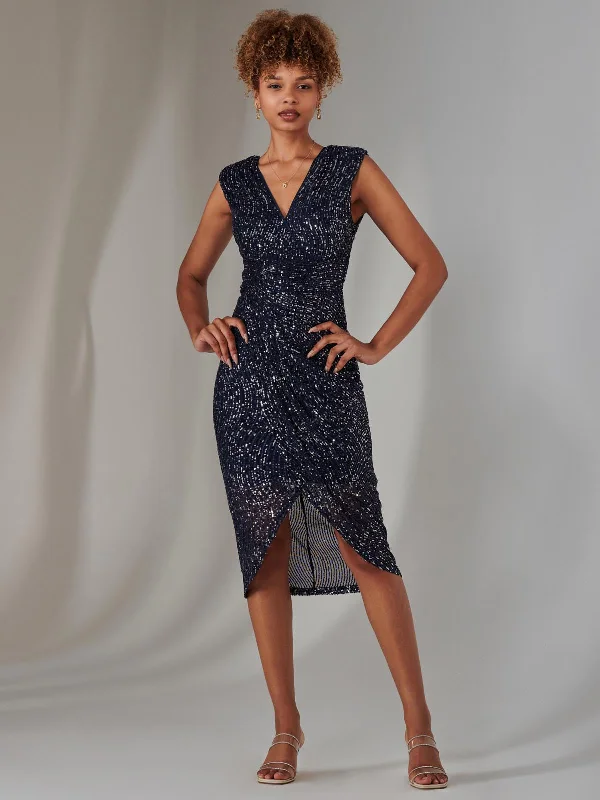 Midi dresses with ruffled sleeves for a more feminine and voluminous lookAisla Ruched Sequin Bodycon Dress, Navy Silver Midi dresses with ruffled sleeves for a more feminine and voluminous lookAisla Ruched Sequin Bodycon Dress, Navy Silver