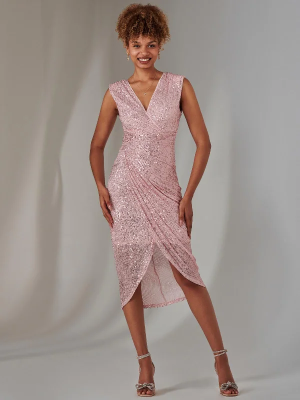 Midi dresses with pom - pom trims for a playful and festive lookAisla Ruched Sequin Bodycon Dress, Pink Midi dresses with pom - pom trims for a playful and festive lookAisla Ruched Sequin Bodycon Dress, Pink