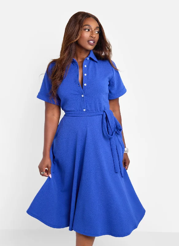 Allow Me Floral Print Button Top Skater Midi Dress - Blue