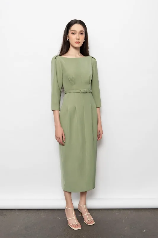 Midi dresses with sheer panels for a touch of allureAmelia Sheath Boat Neck Polyester Midi Dress