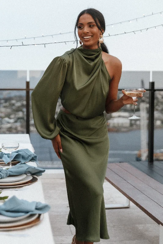 Midi dresses with ruffled hems for a romantic date nightAmelie One Shoulder Midi Dress - Olive Midi dresses with ruffled hems for a romantic date nightAmelie One Shoulder Midi Dress - Olive