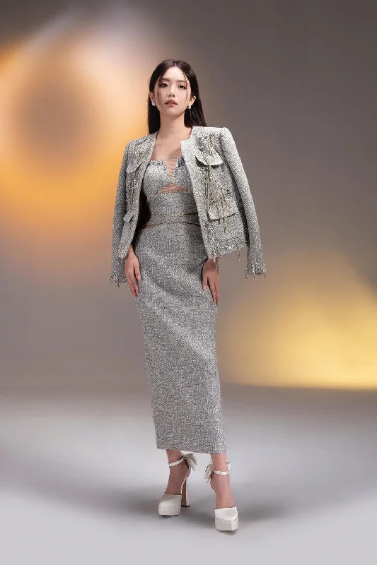 Velvet midi dresses in jewel tones for a glamorous winter eventAmora Sheath Strappy Tweed Ankle Length Dress Velvet midi dresses in jewel tones for a glamorous winter eventAmora Sheath Strappy Tweed Ankle Length Dress