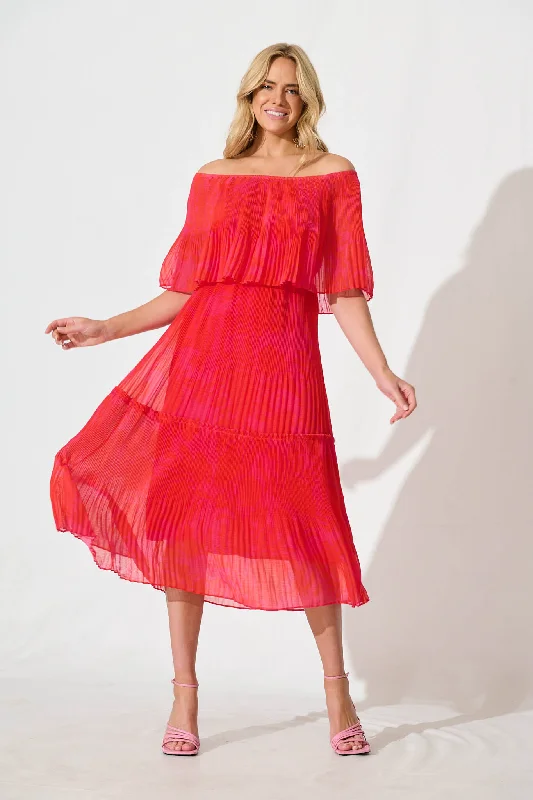 Midi dresses with cold - shoulder cutouts for a trendy styleArlette Midi Dress in Pink and Red Print Midi dresses with cold - shoulder cutouts for a trendy styleArlette Midi Dress in Pink and Red Print
