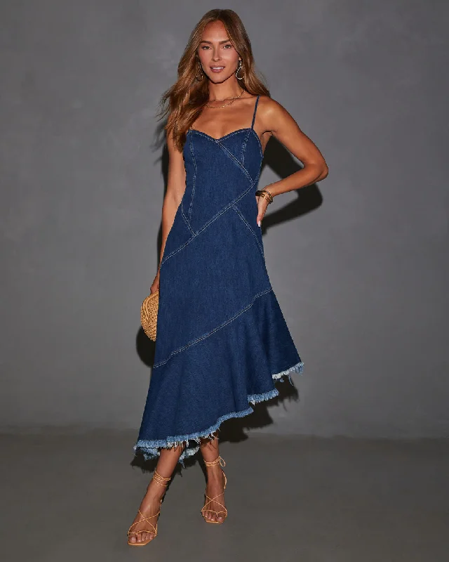 Midi dresses with empire waists for a flattering maternity optionPerry Asymmetrical Raw Hem Denim Midi Dress Midi dresses with empire waists for a flattering maternity optionPerry Asymmetrical Raw Hem Denim Midi Dress