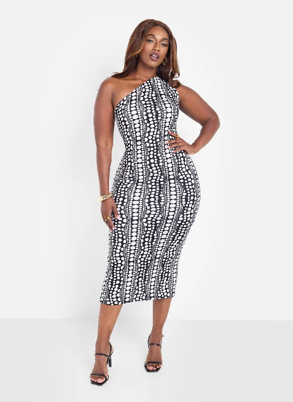 Bai Polka Dot Single Shoulder Bodycon Midi Dress