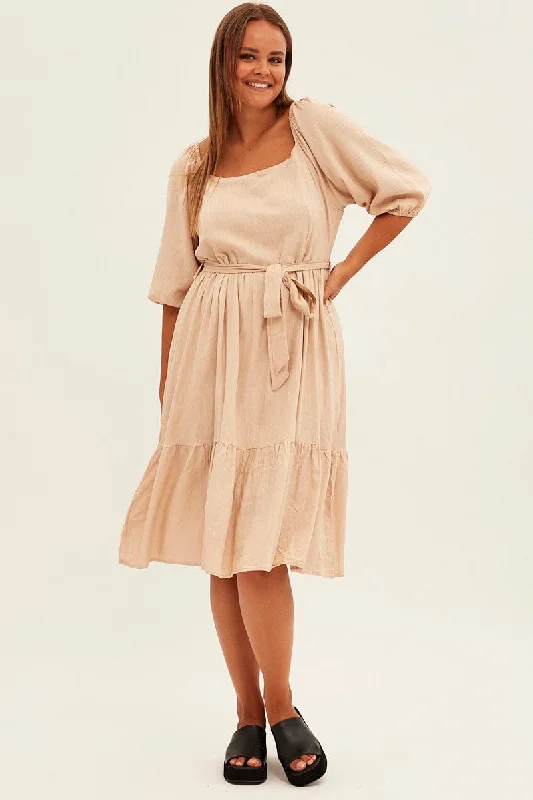Midi dresses with one - shoulder designs for a modern and asymmetric styleBeige Midi Dress Puff Sleeve Belt Frill Hem Midi dresses with one - shoulder designs for a modern and asymmetric styleBeige Midi Dress Puff Sleeve Belt Frill Hem