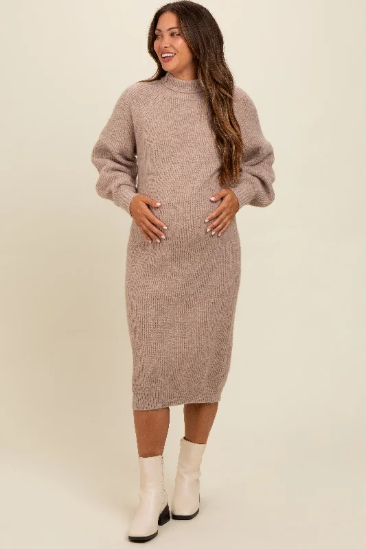 Midi dresses with cotton - blend materials for everyday comfortBeige Mock Neck Bubble Sleeve Maternity Midi Sweater Dress Midi dresses with cotton - blend materials for everyday comfortBeige Mock Neck Bubble Sleeve Maternity Midi Sweater Dress