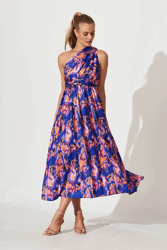 Midi dresses with embroidered accents for a unique and detailed designBernadette One Shoulder Midi Dress In Blue With Multi Satin Midi dresses with embroidered accents for a unique and detailed designBernadette One Shoulder Midi Dress In Blue With Multi Satin