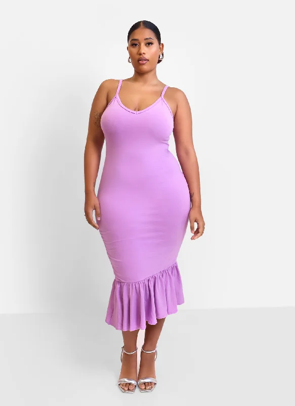 Sheath midi dresses with beaded embellishments for a formal occasionBest Intentions Ruffle Hem Bodycon Midi Dress - Lilac Sheath midi dresses with beaded embellishments for a formal occasionBest Intentions Ruffle Hem Bodycon Midi Dress - Lilac