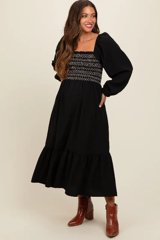 Midi dresses with one - shoulder designs for a modern and asymmetric styleBlack Contrast Smocked Balloon Sleeve Maternity Midi Dress Midi dresses with one - shoulder designs for a modern and asymmetric styleBlack Contrast Smocked Balloon Sleeve Maternity Midi Dress