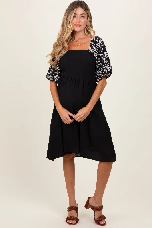 Maxi - inspired midi dresses with flowing fabrics for a beachy vibeBlack Embroidered Puff Short Sleeve Square Neck Maternity Dress Maxi - inspired midi dresses with flowing fabrics for a beachy vibeBlack Embroidered Puff Short Sleeve Square Neck Maternity Dress
