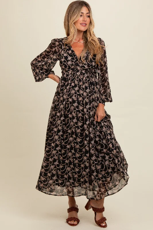 Midi dresses with off - the - shoulder necklines for a flirty lookBlack Floral Chiffon Twist Wrap Maternity Maxi Midi dresses with off - the - shoulder necklines for a flirty lookBlack Floral Chiffon Twist Wrap Maternity Maxi