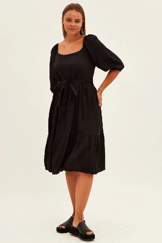 Midi dresses with mesh inserts for a trendy and breathable optionBlack Midi Dress Puff Sleeve Belt Frill Hem Midi dresses with mesh inserts for a trendy and breathable optionBlack Midi Dress Puff Sleeve Belt Frill Hem