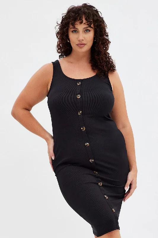 Midi dresses with keyhole backs for a flirty and unexpected detailBlack Midi Dress Rib Sleeveless Button Through Midi dresses with keyhole backs for a flirty and unexpected detailBlack Midi Dress Rib Sleeveless Button Through
