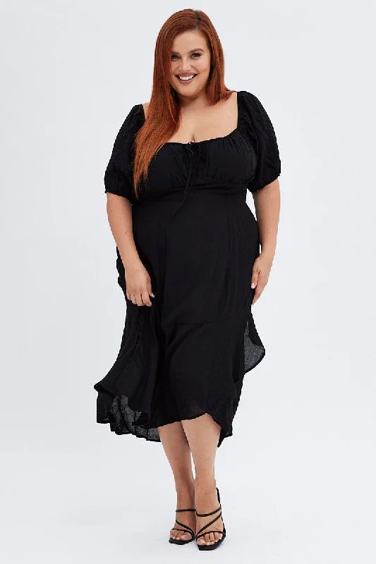 Midi dresses with side slits for a sexy and elegant appearanceBlack Midi Dress Short Sleeve Ruffle Ruched Bust Midi dresses with side slits for a sexy and elegant appearanceBlack Midi Dress Short Sleeve Ruffle Ruched Bust