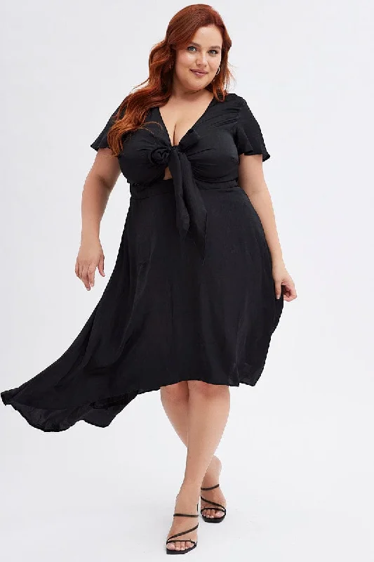 Midi dresses with belted waists to accentuate the figureBlack Midi Dress Short Sleeve Tie Back Satin Midi dresses with belted waists to accentuate the figureBlack Midi Dress Short Sleeve Tie Back Satin