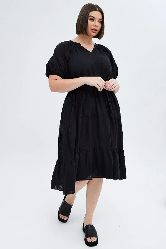Midi dresses with tassel accents for a bohemian and free - spirited styleBlack Midi Dress Tiered Notch Collar Belted Midi dresses with tassel accents for a bohemian and free - spirited styleBlack Midi Dress Tiered Notch Collar Belted