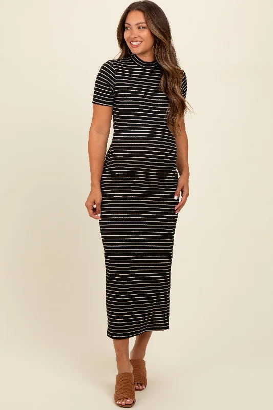 Plaid midi dresses for a fall - themed family gatheringBlack Striped Mock Neck Fitted Maternity Midi Dress Plaid midi dresses for a fall - themed family gatheringBlack Striped Mock Neck Fitted Maternity Midi Dress