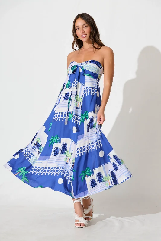 Blaise Midi Sundress in Blue with White Print