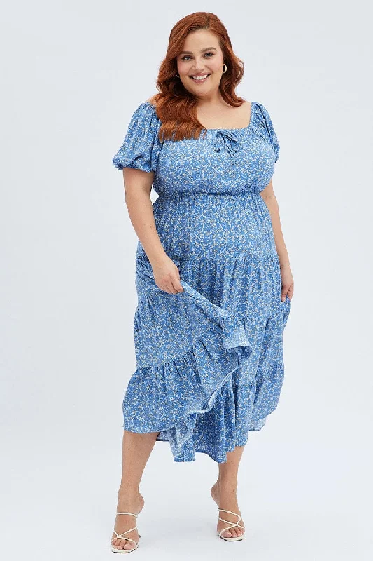 Midi dresses with tassel accents for a bohemian and free - spirited styleBlue Ditsy Midi Dress Off Shoulder Tie Front Layered Skirt Midi dresses with tassel accents for a bohemian and free - spirited styleBlue Ditsy Midi Dress Off Shoulder Tie Front Layered Skirt