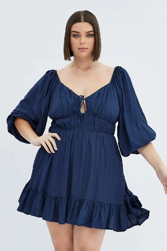Midi dresses with geometric cutouts for a contemporary and edgy lookBlue Fit And Flare Dress 3/4 Sleeve Tiered Cut Out Midi dresses with geometric cutouts for a contemporary and edgy lookBlue Fit And Flare Dress 3/4 Sleeve Tiered Cut Out