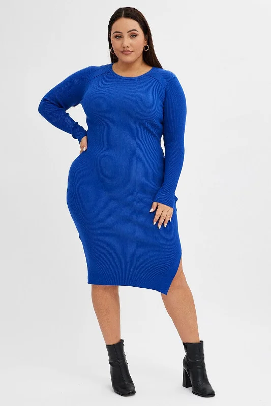 Midi dresses with asymmetric hems for a fashion - forward and dynamic appearanceBlue Knit Dress Raglan Round Neck Side Split Midi dresses with asymmetric hems for a fashion - forward and dynamic appearanceBlue Knit Dress Raglan Round Neck Side Split
