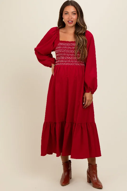 Midi dresses with puff sleeves for a vintage - inspired lookBurgundy Contrast Smocked Balloon Sleeve Maternity Midi Dress Midi dresses with puff sleeves for a vintage - inspired lookBurgundy Contrast Smocked Balloon Sleeve Maternity Midi Dress