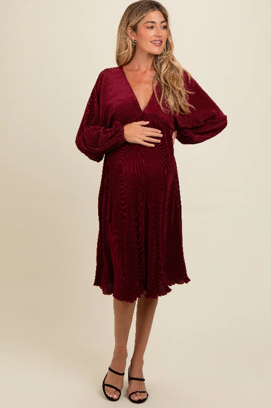 Midi dresses with pom - pom trims for a playful and festive lookBurgundy Pleated Deep V-Neck Maternity Midi Dress Midi dresses with pom - pom trims for a playful and festive lookBurgundy Pleated Deep V-Neck Maternity Midi Dress