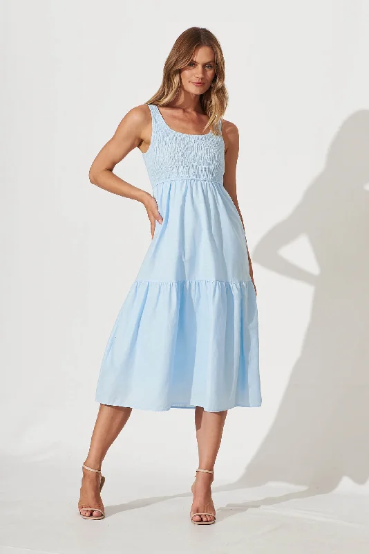 A - line midi dresses with floral prints for spring brunchesCaribbean Midi Dress In Pale Blue Cotton Linen A - line midi dresses with floral prints for spring brunchesCaribbean Midi Dress In Pale Blue Cotton Linen