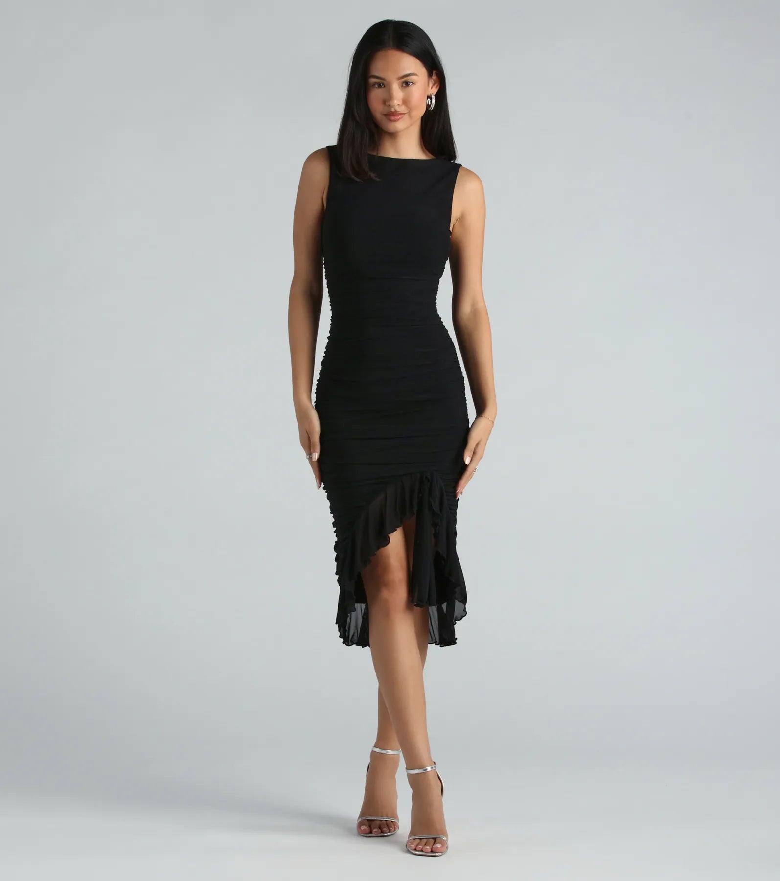 Midi dresses with tassel accents for a bohemian and free - spirited styleCasey Formal Mesh High Neck Ruffle Midi Dress Midi dresses with tassel accents for a bohemian and free - spirited styleCasey Formal Mesh High Neck Ruffle Midi Dress