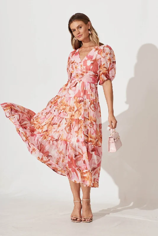 Celine Midi Dress in Pink Floral Lurex Chiffon