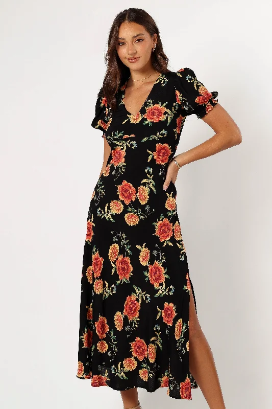 Midi dresses with fringe details for a fun and energetic styleChristine Midi Dress - Sunset Floral Midi dresses with fringe details for a fun and energetic styleChristine Midi Dress - Sunset Floral
