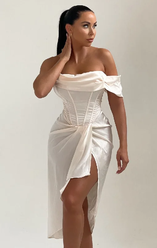 High - low midi dresses with geometric patterns for a modern partyCream Off The Shoulder High Split Corset Midi Dress - Brooke High - low midi dresses with geometric patterns for a modern partyCream Off The Shoulder High Split Corset Midi Dress - Brooke