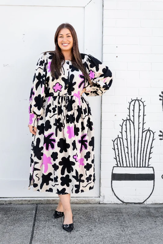 Vienna Long Sleeve Dress in Black Blossom