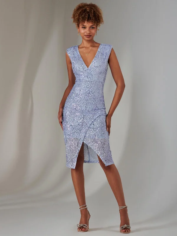 Midi dresses with geometric cutouts for a contemporary and edgy lookDemi Sequin Wrap Slit Bodycon Dress, Lilac Midi dresses with geometric cutouts for a contemporary and edgy lookDemi Sequin Wrap Slit Bodycon Dress, Lilac