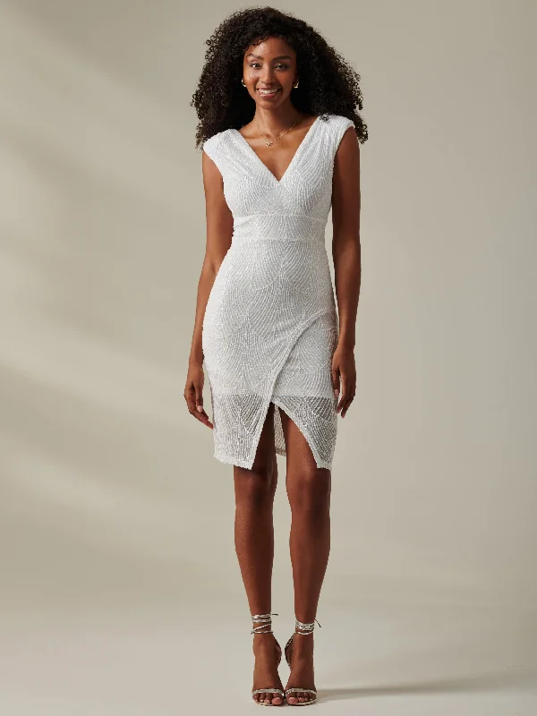 Wrap - style midi dresses in silk for a sophisticated office lookDemi Sequin Wrap Slit Bodycon Dress, White Wrap - style midi dresses in silk for a sophisticated office lookDemi Sequin Wrap Slit Bodycon Dress, White