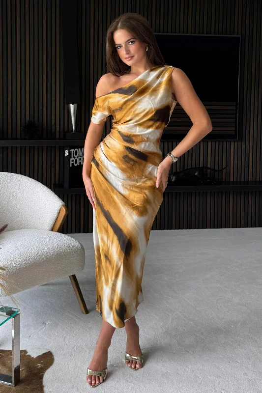Midi dresses with halter necks for a stylish and comfortable optionDonna Asymmetric Neckline Gold Print Midi Dress Midi dresses with halter necks for a stylish and comfortable optionDonna Asymmetric Neckline Gold Print Midi Dress