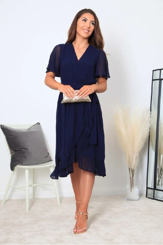 Midi dresses with pleated skirts for a timeless and elegant appealDouble Second Navy Chiffon Wrap Dress With Tea Sleeve Midi dresses with pleated skirts for a timeless and elegant appealDouble Second Navy Chiffon Wrap Dress With Tea Sleeve