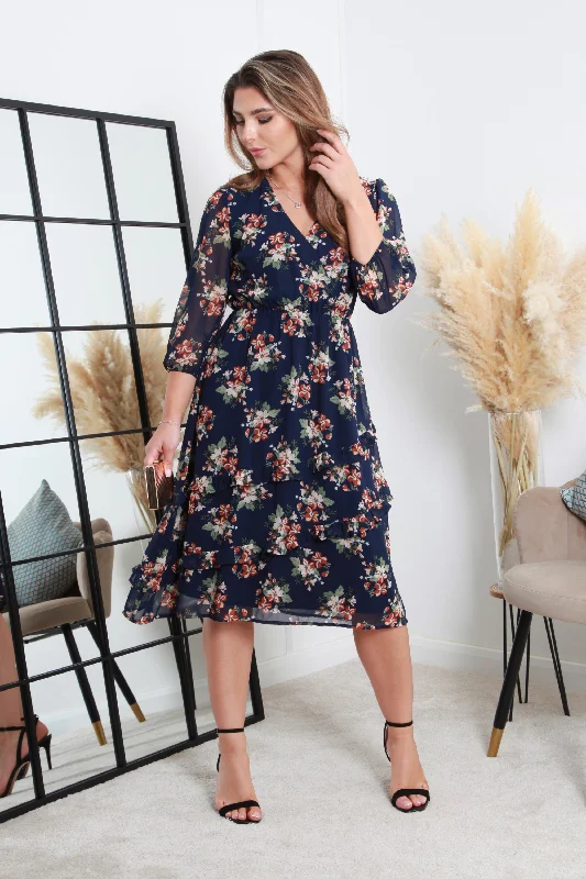 Midi dresses with bow accents for a sweet and charming lookDouble Second Printed Navy Wrap Dress With Tiered Frill Detail Midi dresses with bow accents for a sweet and charming lookDouble Second Printed Navy Wrap Dress With Tiered Frill Detail