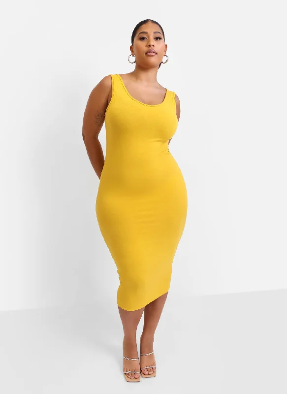 Wrap - style midi dresses in silk for a sophisticated office lookEssential Cotton Tank Bodycon Midi Dress - Mustard Wrap - style midi dresses in silk for a sophisticated office lookEssential Cotton Tank Bodycon Midi Dress - Mustard