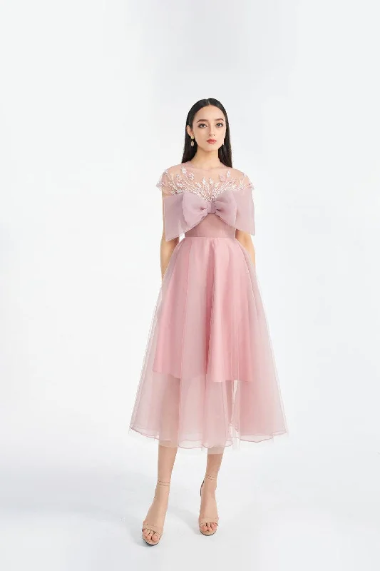 Farah Fit and Flare Bow Tie Organza Midi Dress