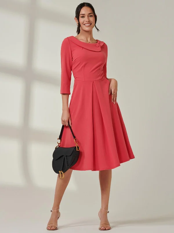 Midi dresses with V - necklines for a flattering and elongating effectFold Neckline Sleeved Midi Dress, Watermelon Midi dresses with V - necklines for a flattering and elongating effectFold Neckline Sleeved Midi Dress, Watermelon