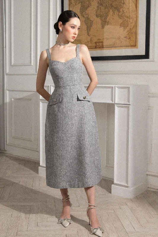 Midi dresses with pleated bodices for a classic and tailored lookGianna A-line Strappy Tweed Midi Dress Midi dresses with pleated bodices for a classic and tailored lookGianna A-line Strappy Tweed Midi Dress
