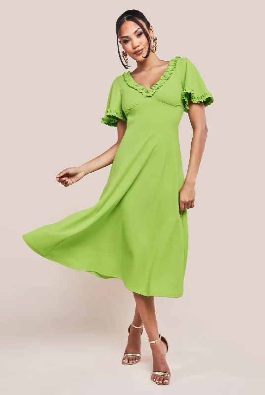 Midi dresses with embroidered accents for a unique and detailed designGoddiva Flare Sleeve Frill Edge Midi Dress - Lime Green Midi dresses with embroidered accents for a unique and detailed designGoddiva Flare Sleeve Frill Edge Midi Dress - Lime Green