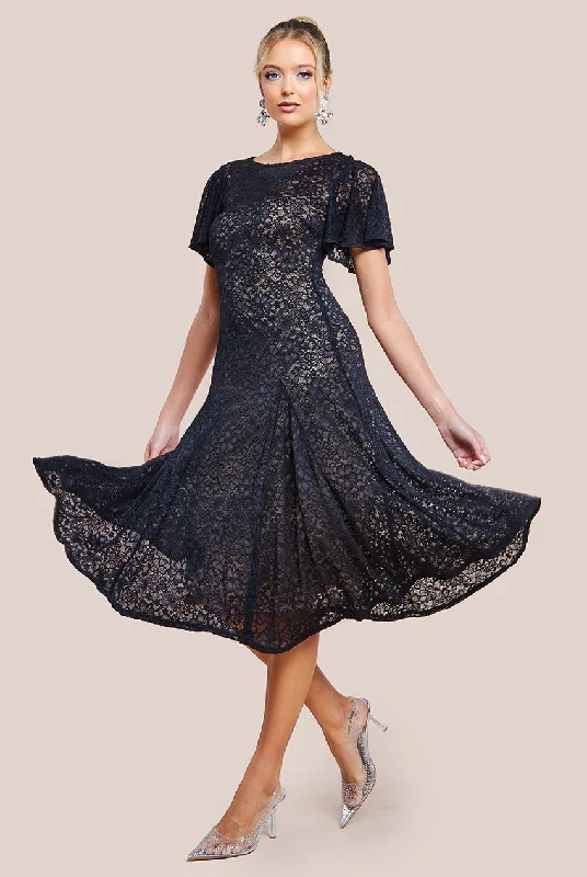 Midi dresses with mesh inserts for a trendy and breathable optionGoddiva Flutter Sleeve Lace A-Line Midi Dress - Black Midi dresses with mesh inserts for a trendy and breathable optionGoddiva Flutter Sleeve Lace A-Line Midi Dress - Black